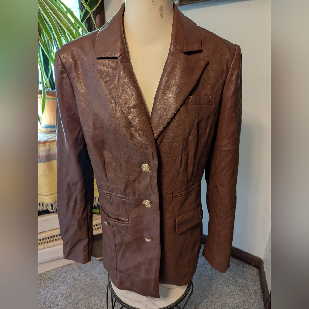 7 For All Mankind Brown Faux Lthr Lined  3 Btn Fitted Blazer Sz Lg 10-12